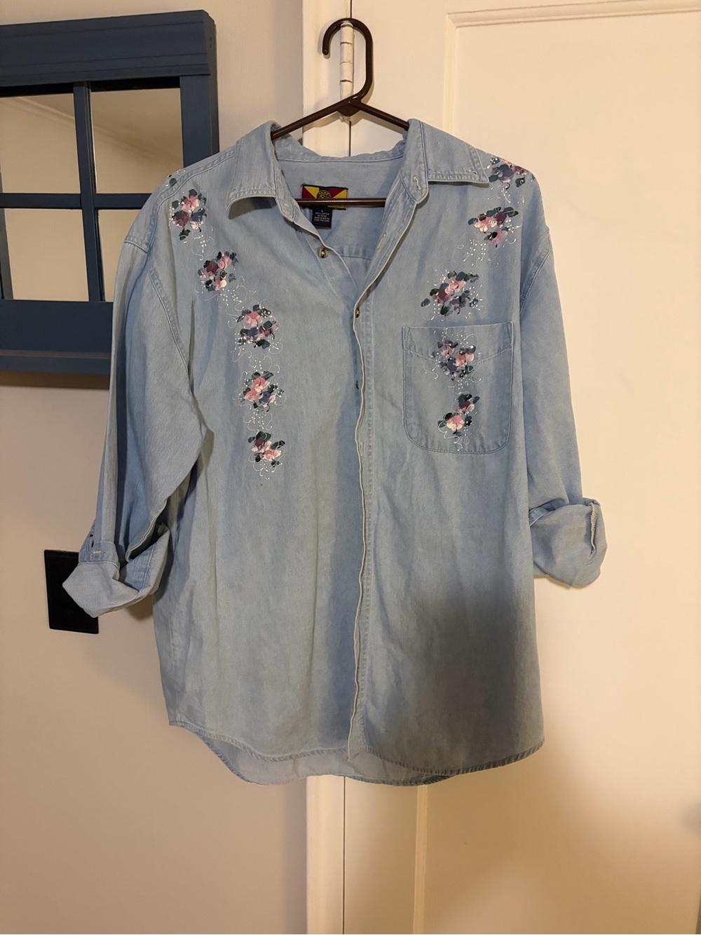 Light Wash Denim Button-Up Shirt with Floral Painted details